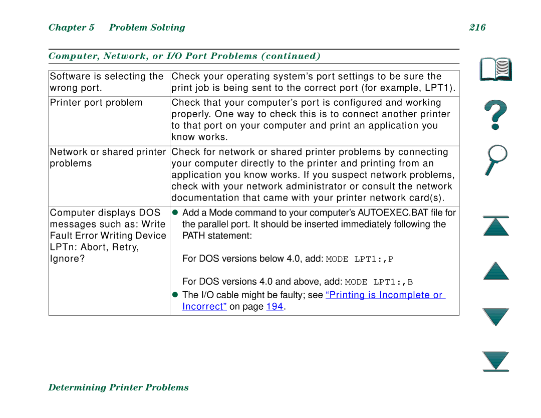 HP 8000DN, 8000N manual Problem Solving 216 Computer, Network, or I/O Port Problems 