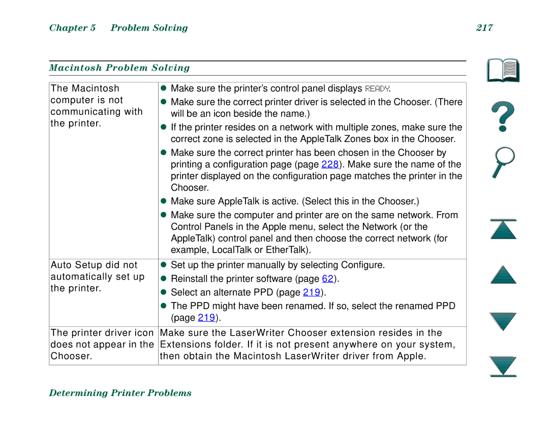 HP 8000N, 8000DN manual Problem Solving 217 Macintosh Problem Solving 