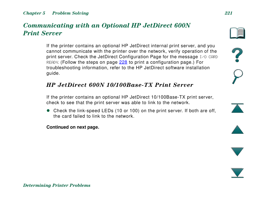 HP 8000N, 8000DN manual HP JetDirect 600N 10/100Base-TX Print Server, Problem Solving 221 