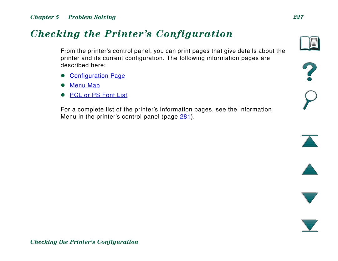 HP 8000N, 8000DN manual Checking the Printer’s Configuration, Problem Solving 227 