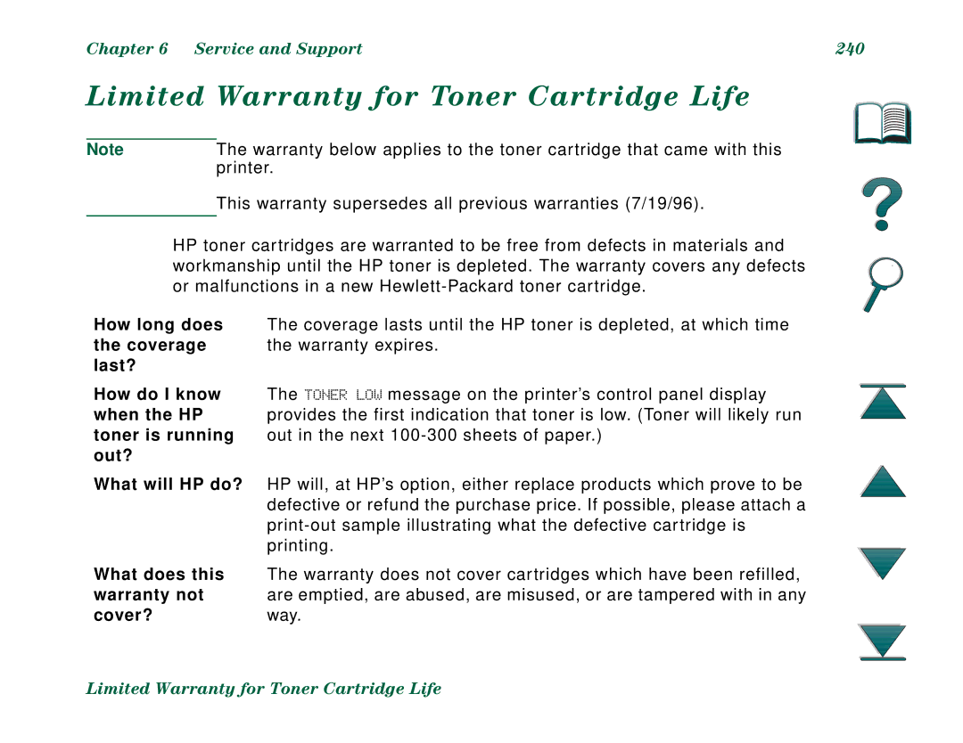 HP 8000DN, 8000N manual Limited Warranty for Toner Cartridge Life 