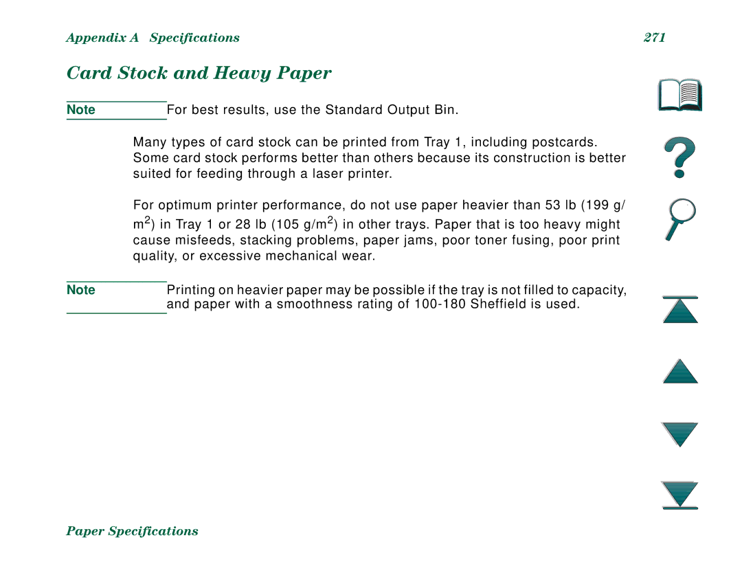 HP 8000N, 8000DN Card Stock and Heavy Paper, Appendix a Specifications 271, For best results, use the Standard Output Bin 