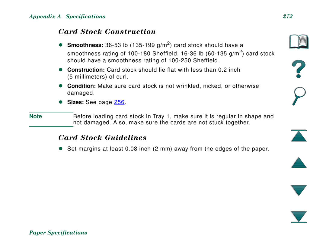 HP 8000DN, 8000N manual Card Stock Construction, Card Stock Guidelines, Appendix a Specifications 272 