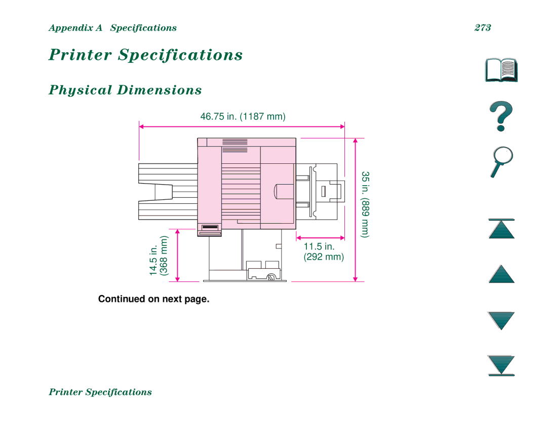 HP 8000N, 8000DN manual Printer Specifications, Physical Dimensions, Appendix a Specifications 