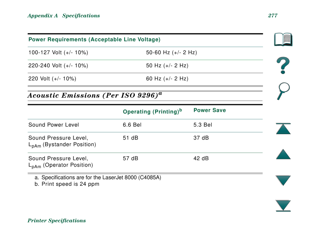 HP 8000N manual Acoustic Emissions Per ISO 9296a, Appendix a Specifications 277, Power Requirements Acceptable Line Voltage 