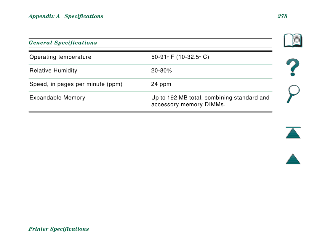 HP 8000DN, 8000N manual Appendix a Specifications 278 General Specifications 