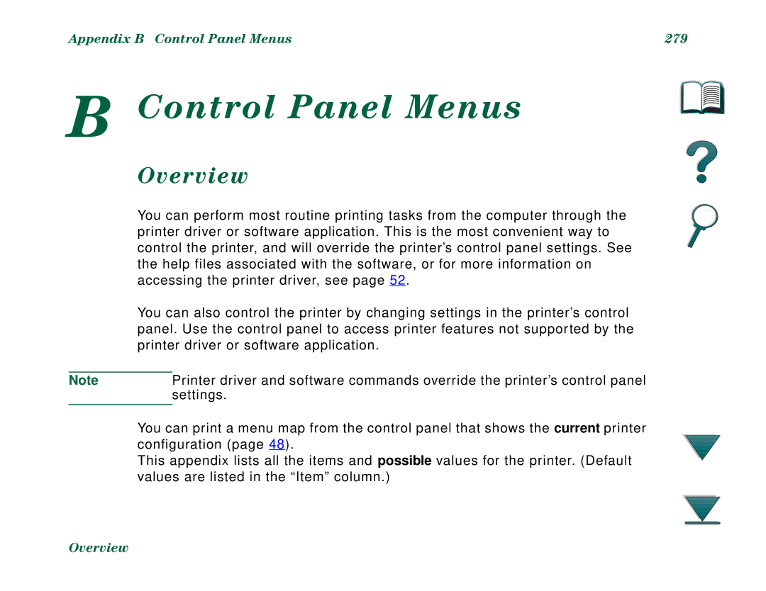 HP 8000N, 8000DN manual Appendix B Control Panel Menus 279 