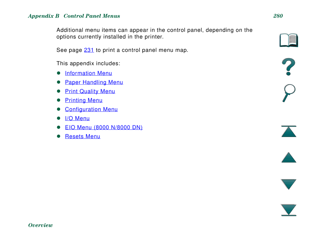 HP 8000DN, 8000N manual Appendix B Control Panel Menus 280 