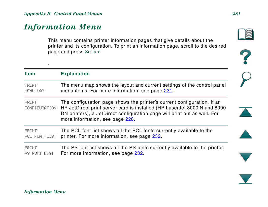 HP 8000N, 8000DN manual Information Menu, Appendix B Control Panel Menus 281, Explanation 