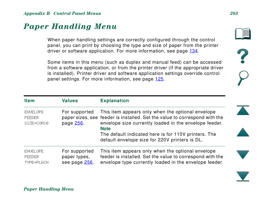 HP 8000N, 8000DN manual Paper Handling Menu, Appendix B Control Panel Menus 283, Values Explanation 