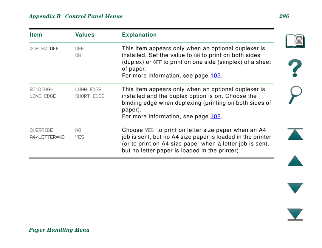 HP 8000DN, 8000N manual Appendix B Control Panel Menus 286 