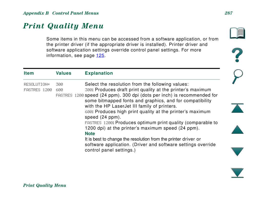 HP 8000N, 8000DN manual Print Quality Menu, Appendix B Control Panel Menus 287 