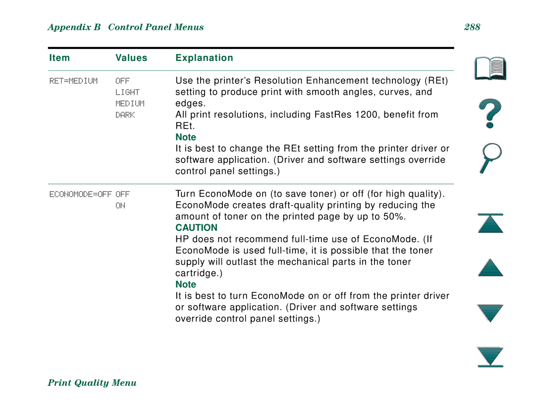 HP 8000DN, 8000N manual Appendix B Control Panel Menus 288 