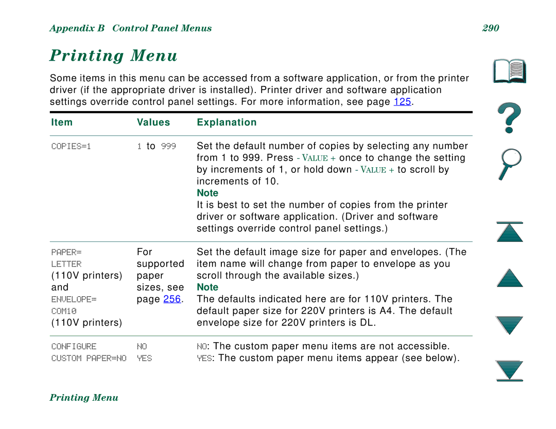 HP 8000DN, 8000N manual Printing Menu, Appendix B Control Panel Menus 290 