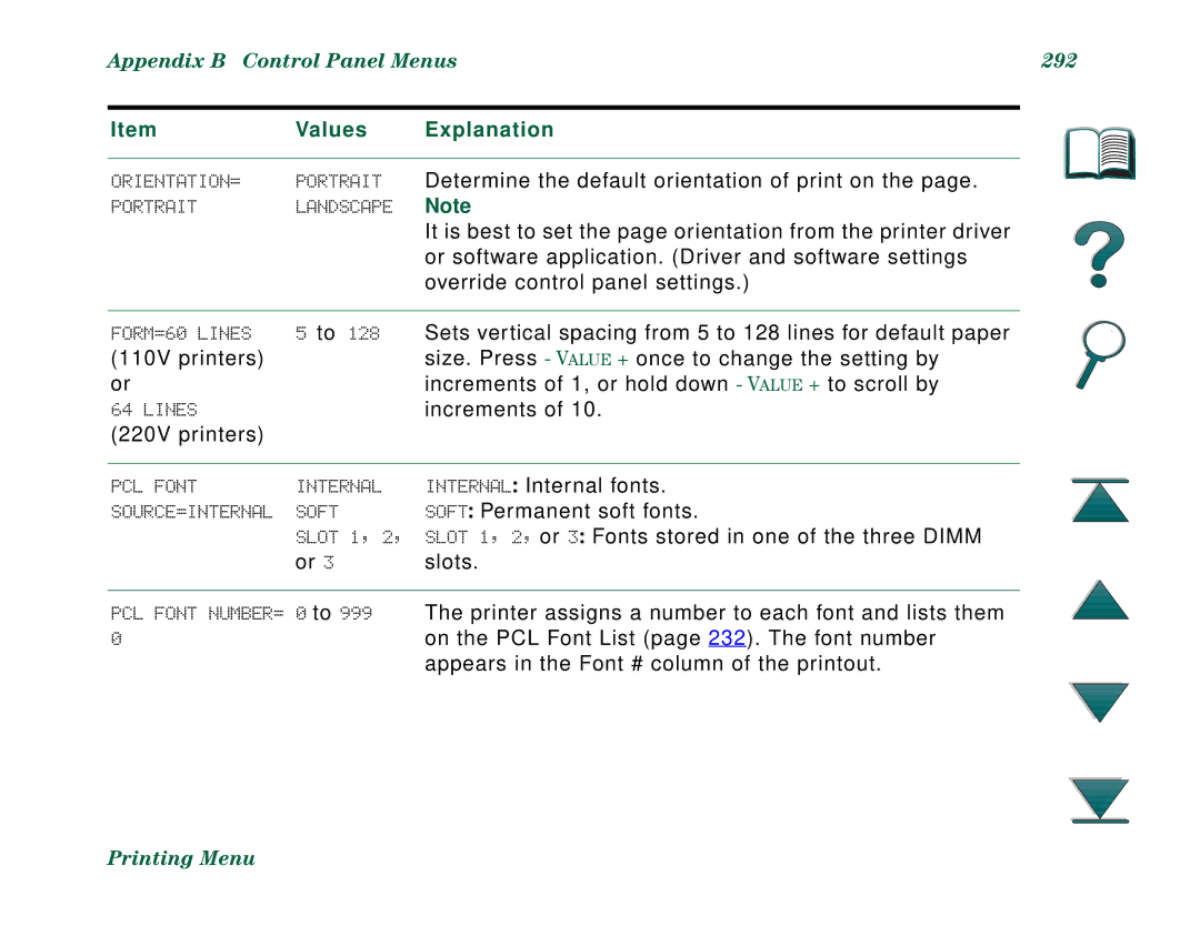 HP 8000DN, 8000N manual Appendix B Control Panel Menus 292 