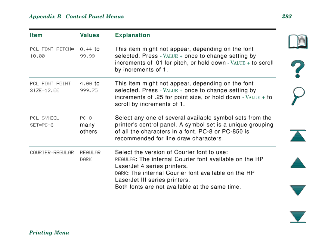 HP 8000N, 8000DN manual Appendix B Control Panel Menus 293 