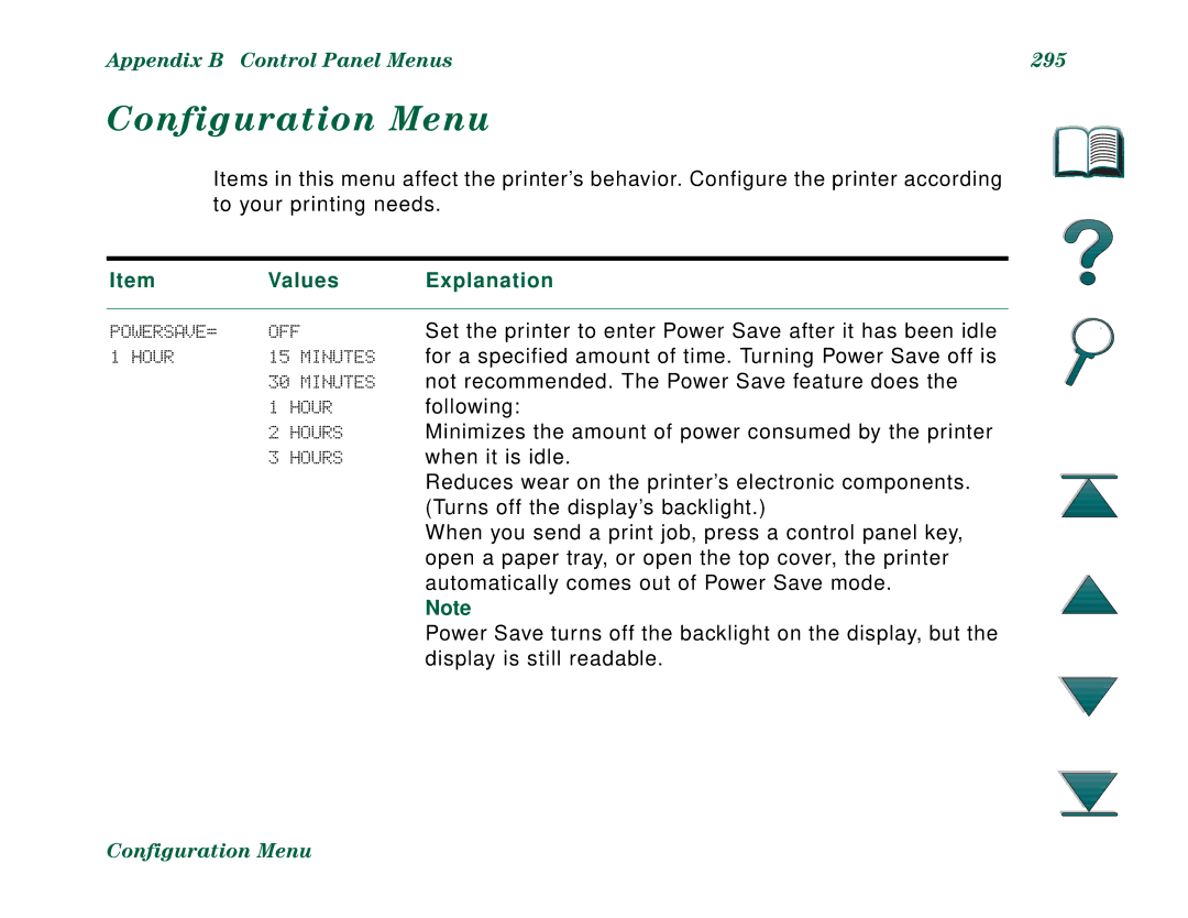 HP 8000N, 8000DN manual Configuration Menu, Appendix B Control Panel Menus 295 