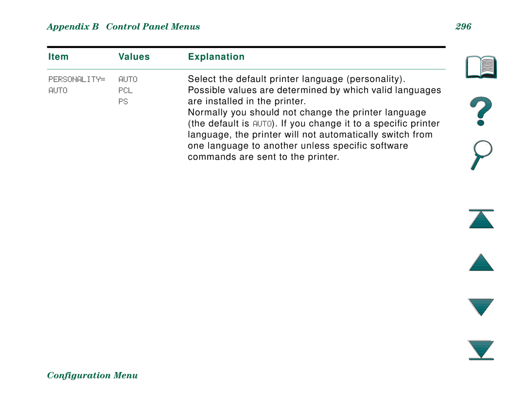 HP 8000DN, 8000N manual Appendix B Control Panel Menus 296 