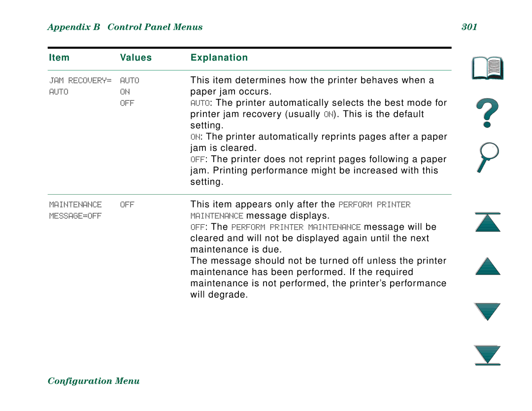 HP 8000N, 8000DN manual Appendix B Control Panel Menus 301 