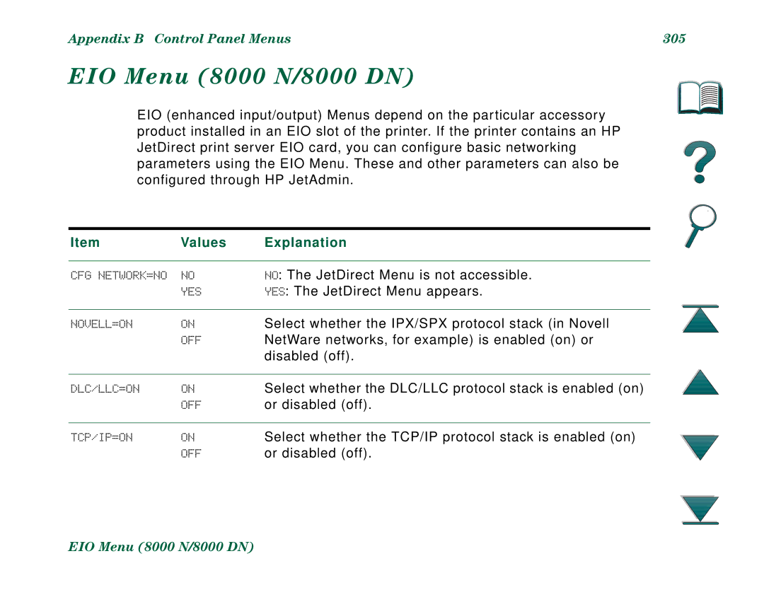 HP 8000N, 8000DN manual EIO Menu 8000 N/8000 DN, Appendix B Control Panel Menus 305 