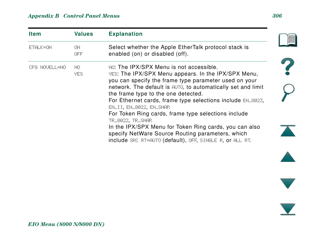 HP 8000DN, 8000N manual Appendix B Control Panel Menus 306 
