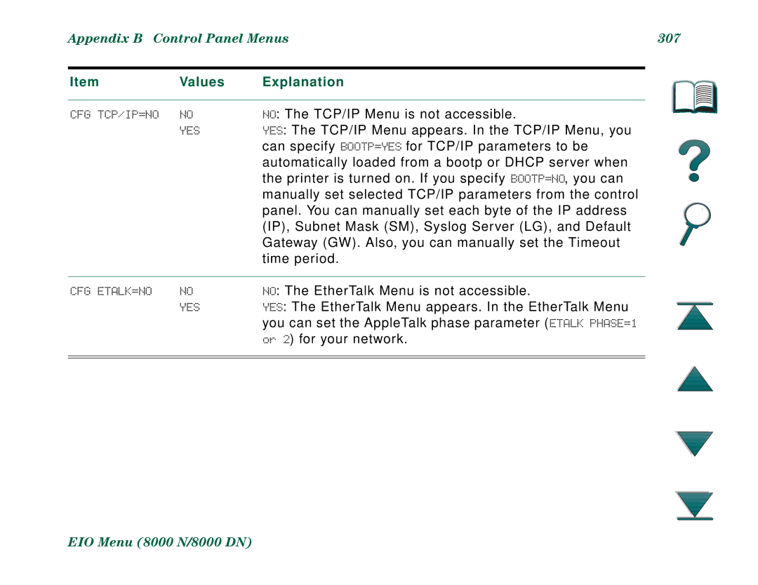 HP 8000N, 8000DN manual Appendix B Control Panel Menus 307 