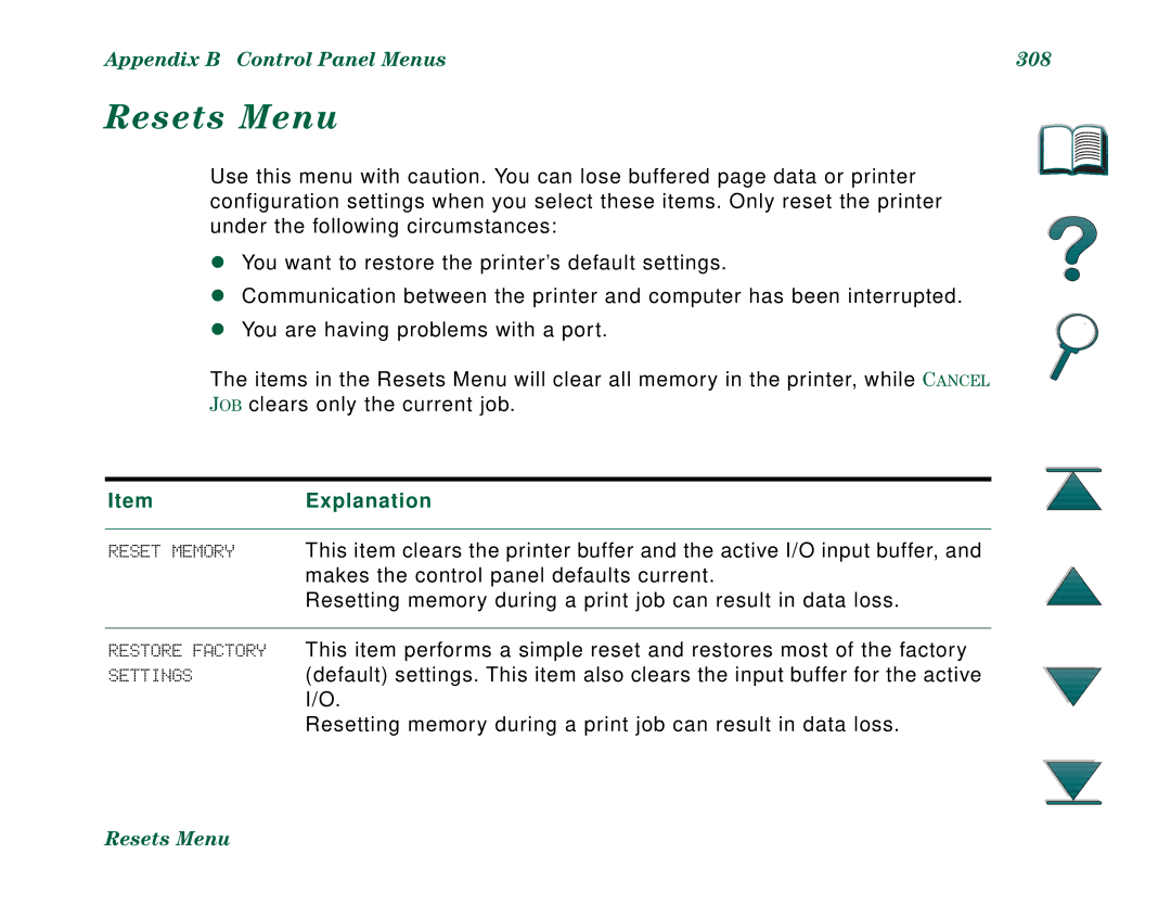 HP 8000DN, 8000N manual Resets Menu, Appendix B Control Panel Menus 308, ItemExplanation 