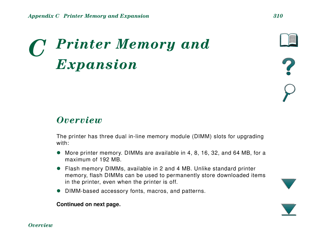 HP 8000DN, 8000N manual Printer Memory Expansion, Appendix C Printer Memory and Expansion 310 