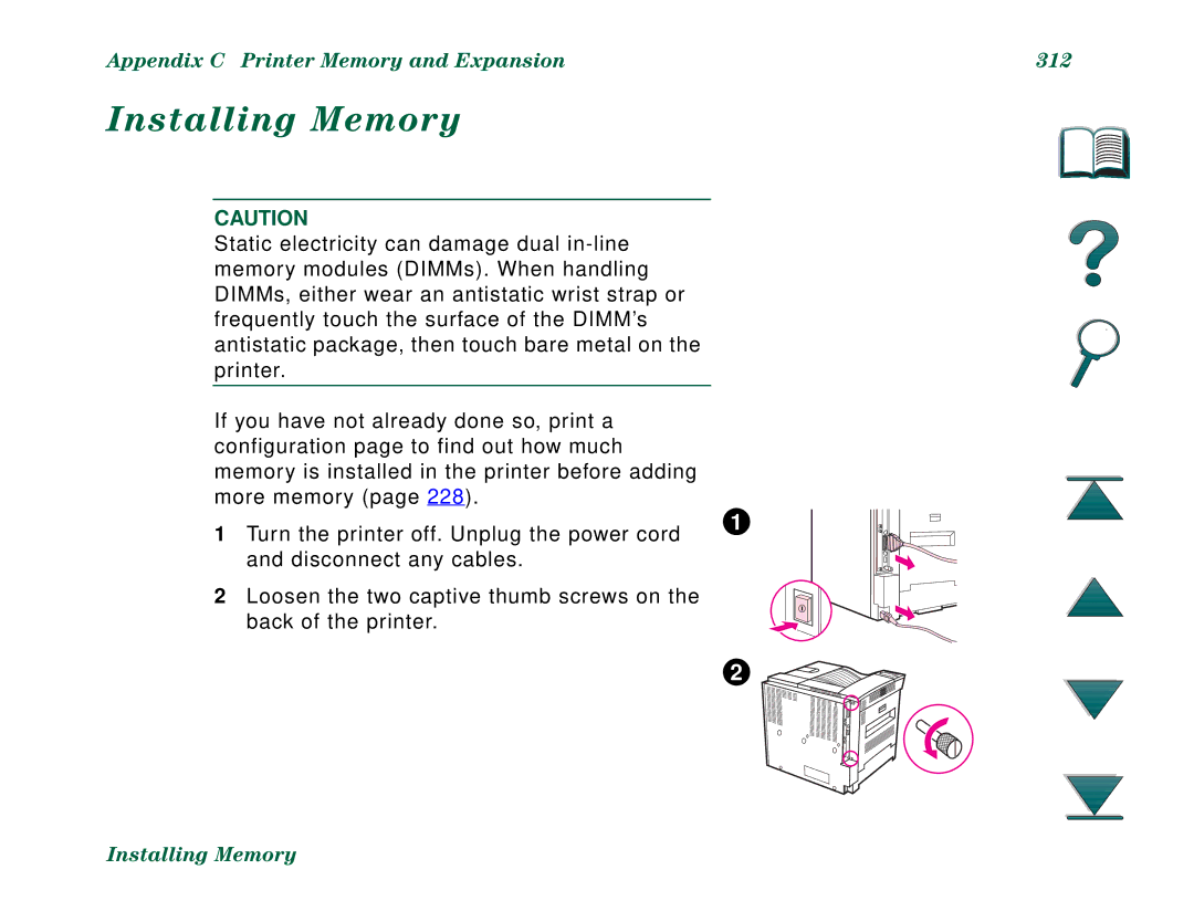 HP 8000DN, 8000N manual Installing Memory, Appendix C Printer Memory and Expansion 312 