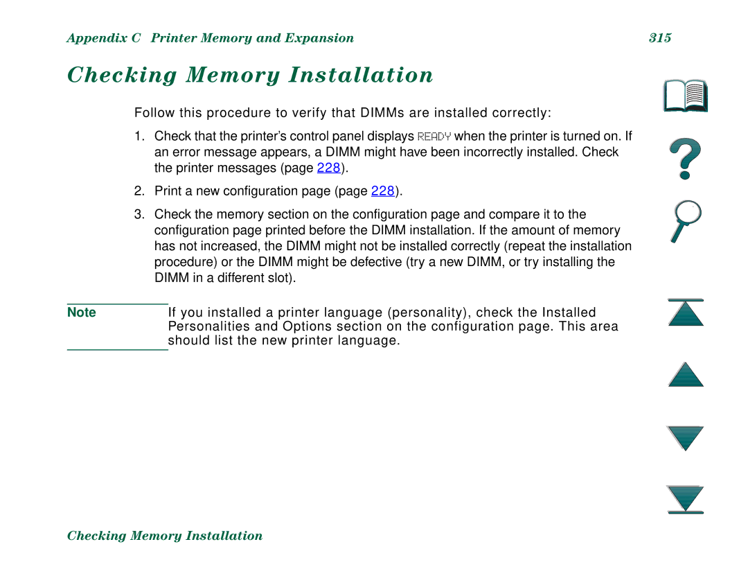 HP 8000N, 8000DN manual Checking Memory Installation, Appendix C Printer Memory and Expansion 315 