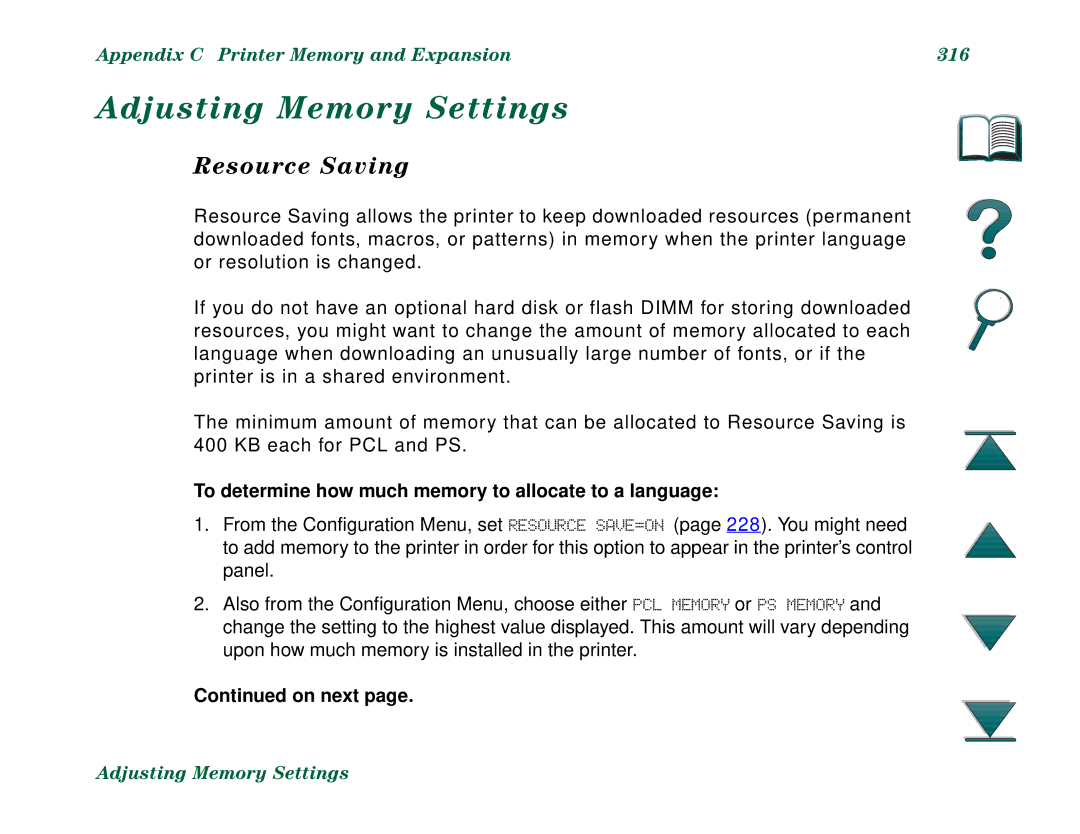 HP 8000DN, 8000N manual Adjusting Memory Settings, Resource Saving, Appendix C Printer Memory and Expansion 316 
