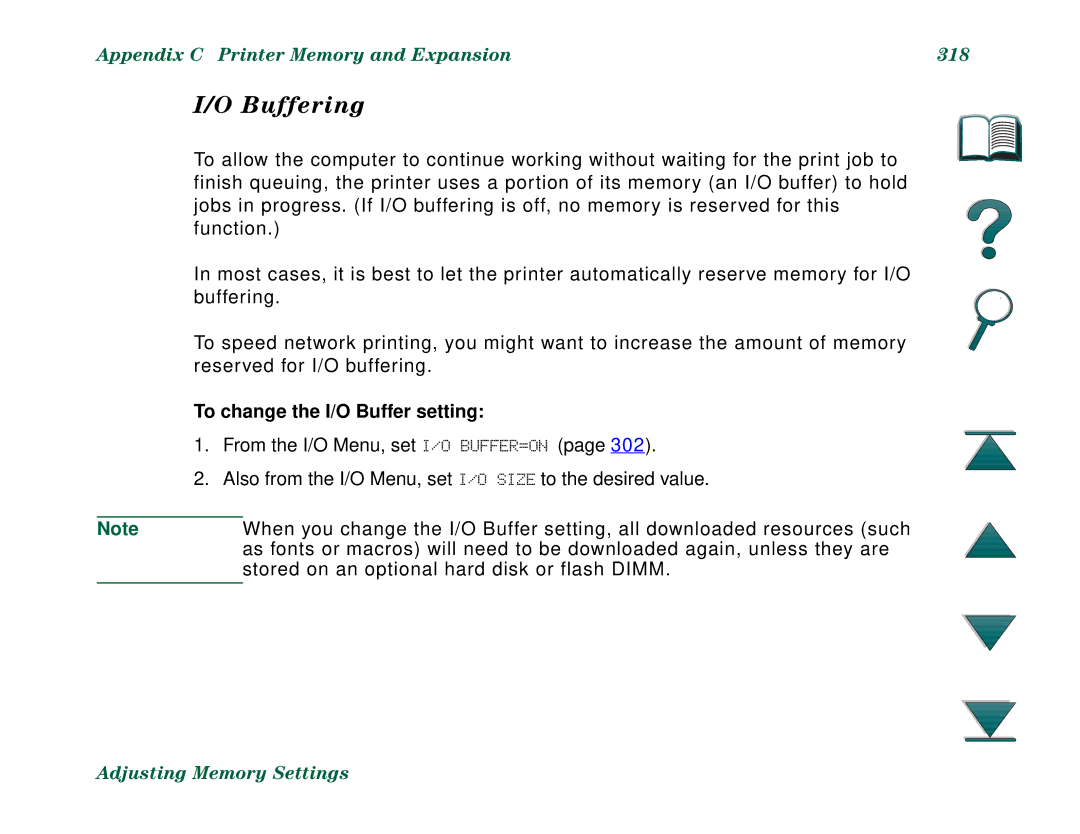 HP 8000DN, 8000N manual Buffering, Appendix C Printer Memory and Expansion 318, To change the I/O Buffer setting 