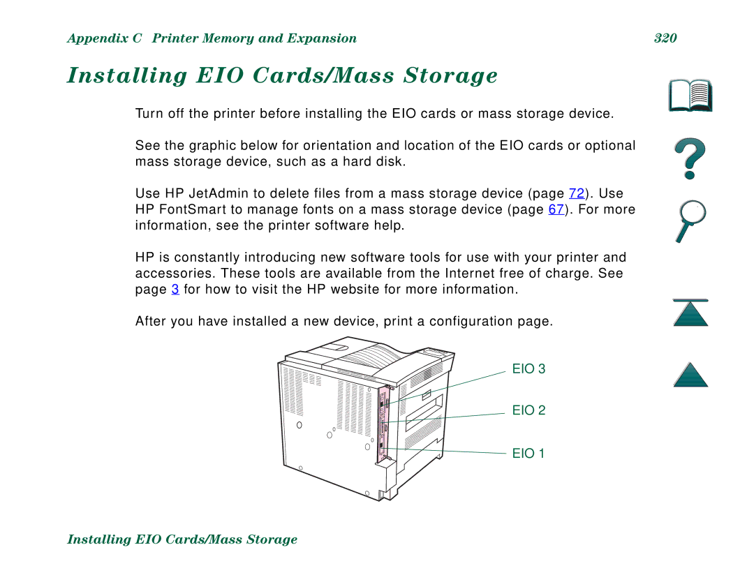 HP 8000DN, 8000N manual Installing EIO Cards/Mass Storage, Appendix C Printer Memory and Expansion 320 