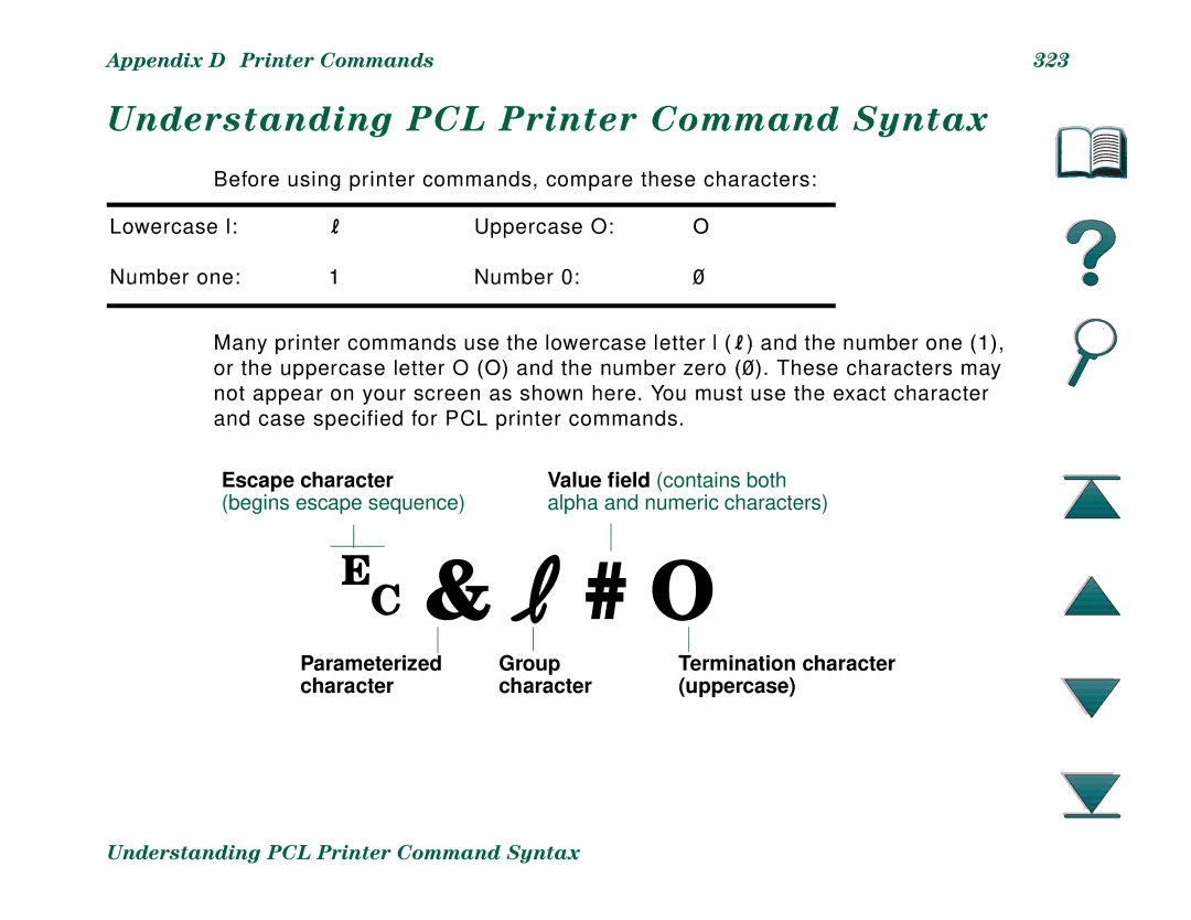 HP 8000N, 8000DN manual Understanding PCL Printer Command Syntax, Appendix D Printer Commands 323, Escape character 