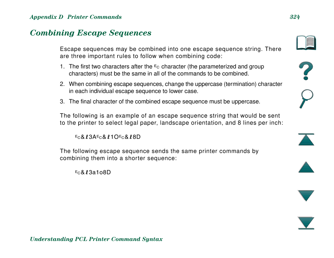 HP 8000DN, 8000N manual Combining Escape Sequences, Appendix D Printer Commands 324 