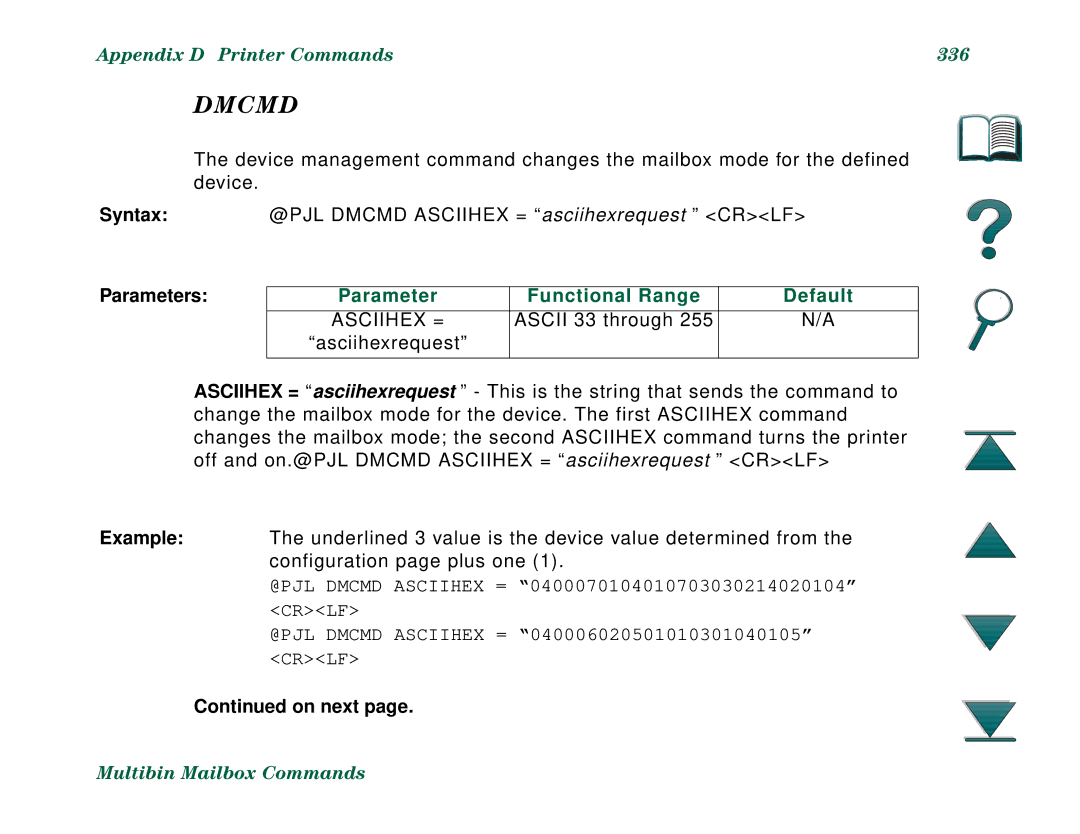 HP 8000DN, 8000N manual Appendix D Printer Commands 336, Parameters, Parameter Functional Range Default 