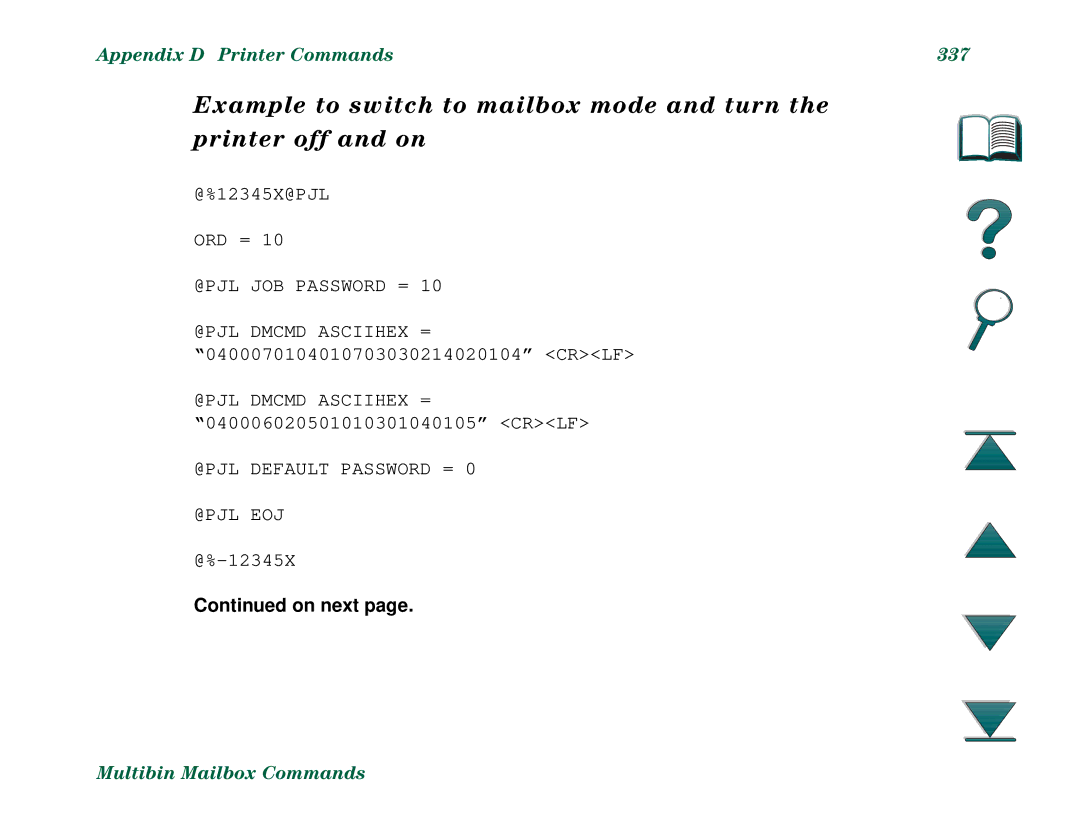 HP 8000N, 8000DN manual Appendix D Printer Commands 337, @PJL JOB Password = 