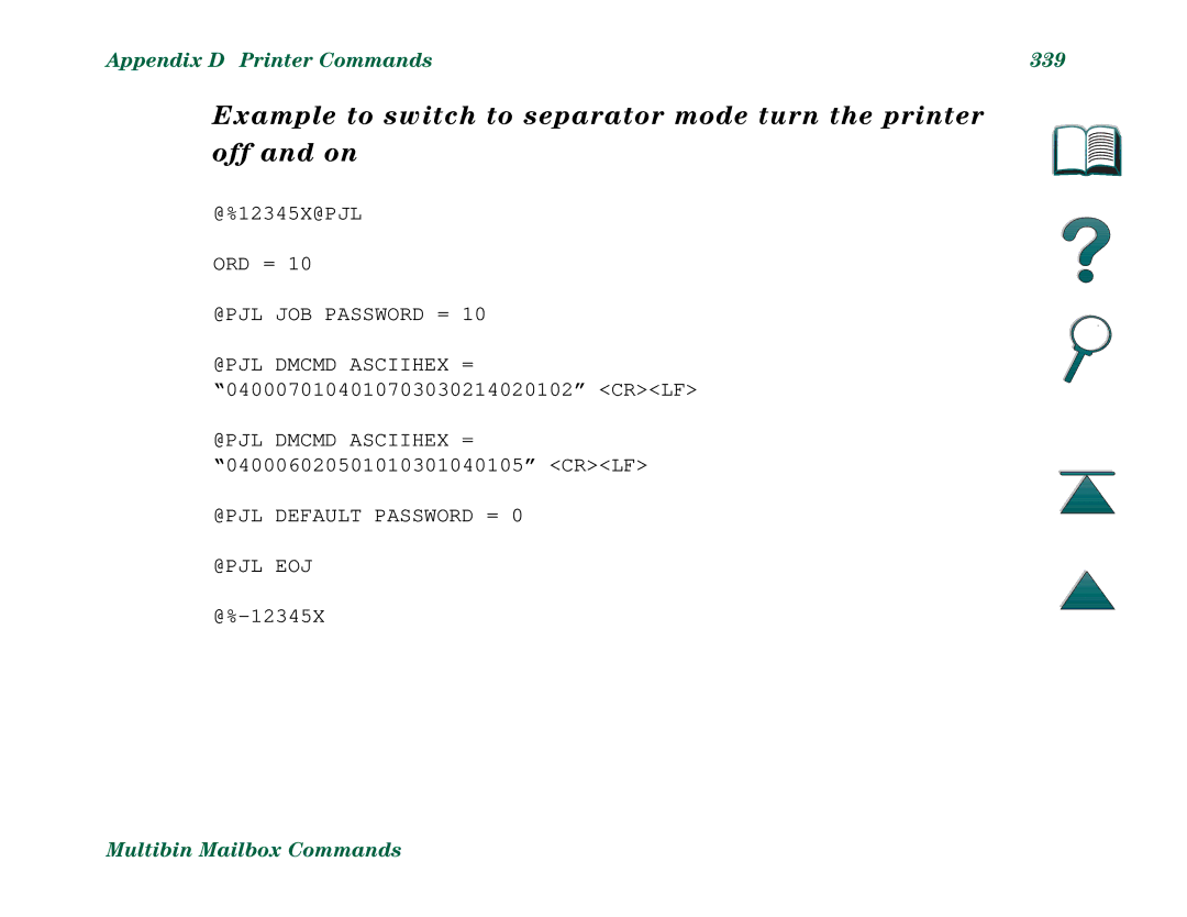 HP 8000N, 8000DN manual Appendix D Printer Commands 339 