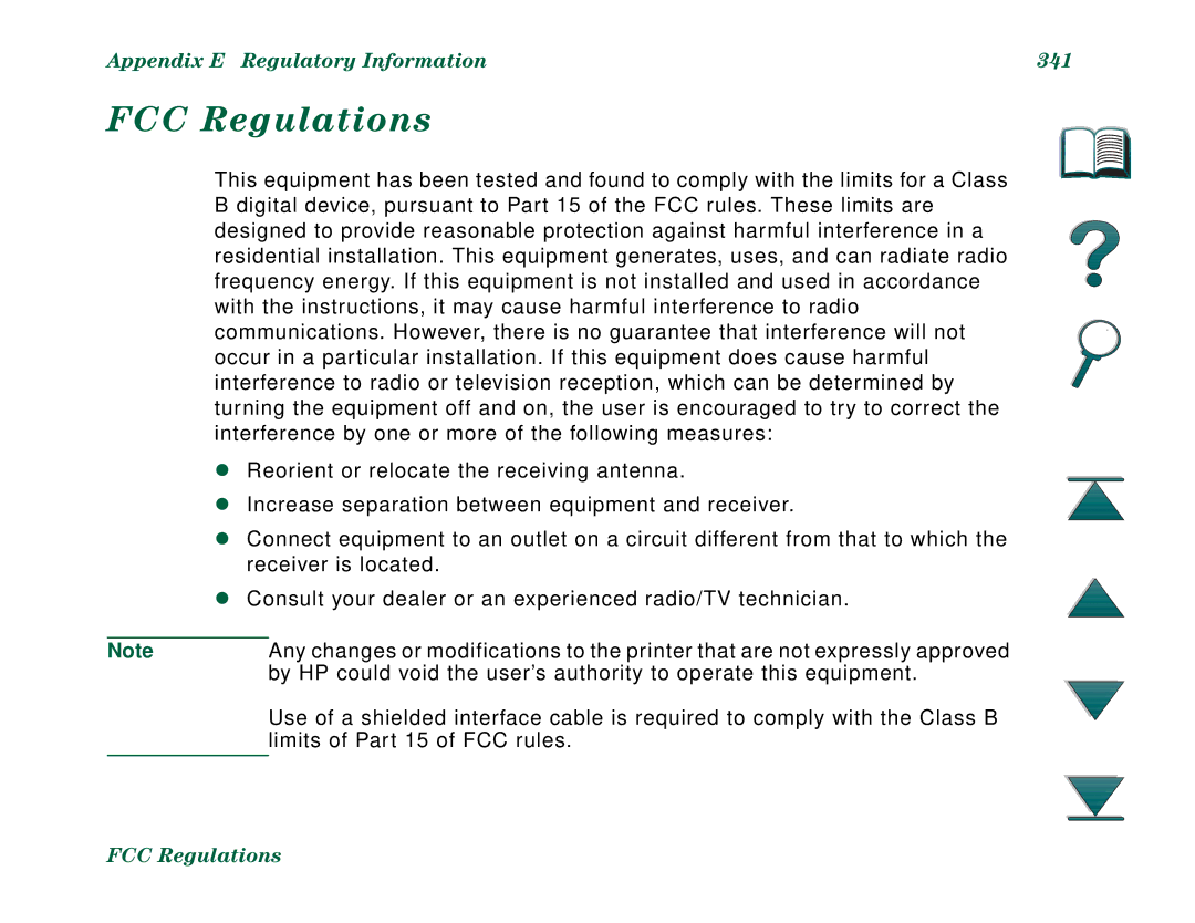 HP 8000N, 8000DN manual FCC Regulations, Appendix E Regulatory Information 341 