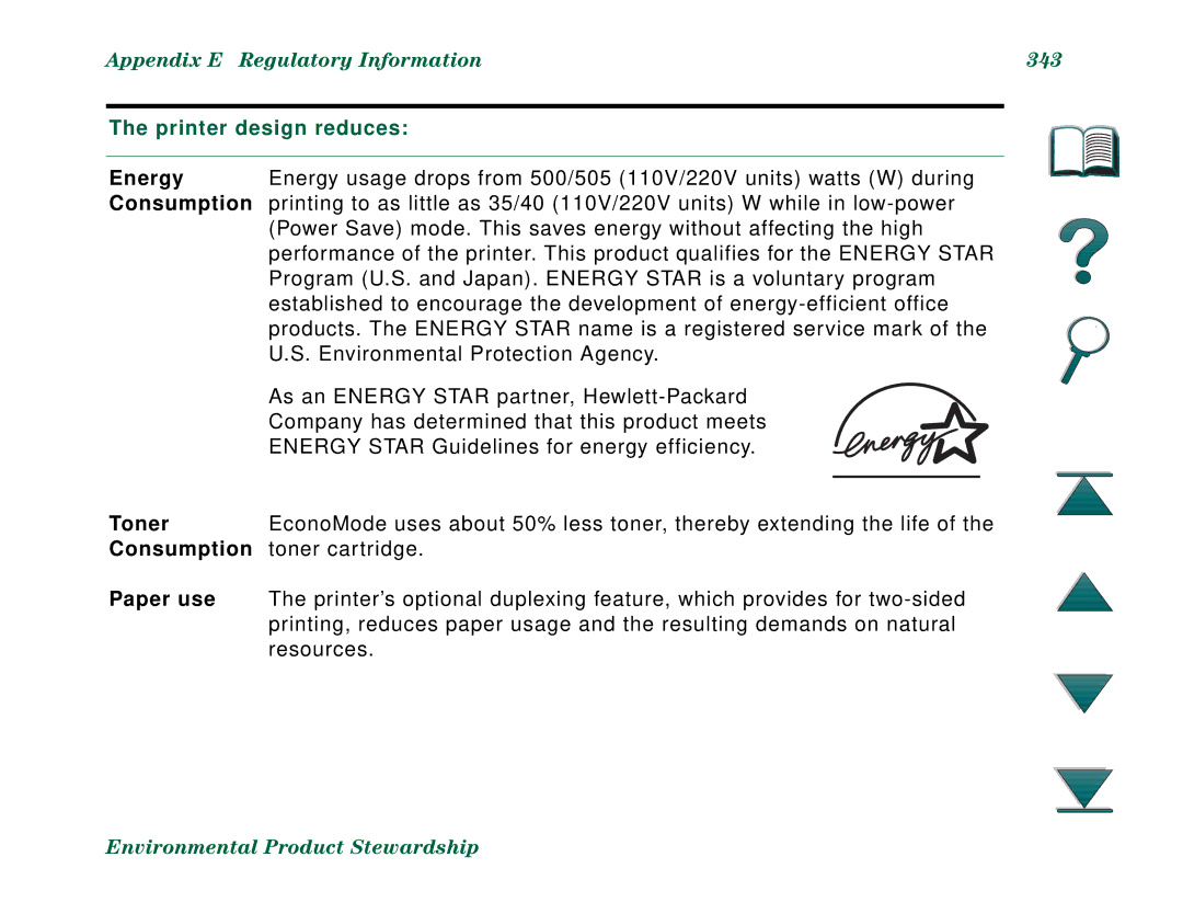 HP 8000N, 8000DN manual Appendix E Regulatory Information 343, Printer design reduces, Toner, Consumption, Paper use 