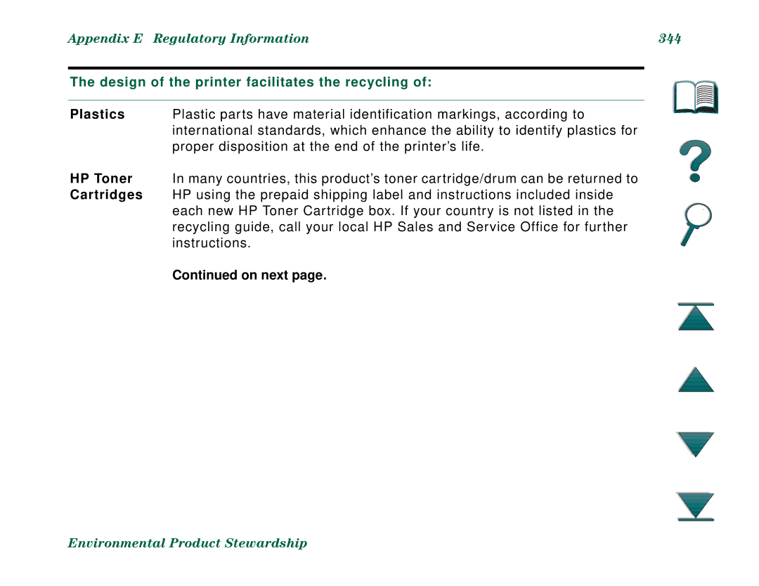 HP 8000DN, 8000N manual Appendix E Regulatory Information 344, Design of the printer facilitates the recycling 