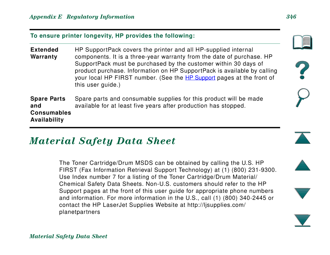 HP 8000DN, 8000N manual Material Safety Data Sheet, Appendix E Regulatory Information 346, Consumables Availability 