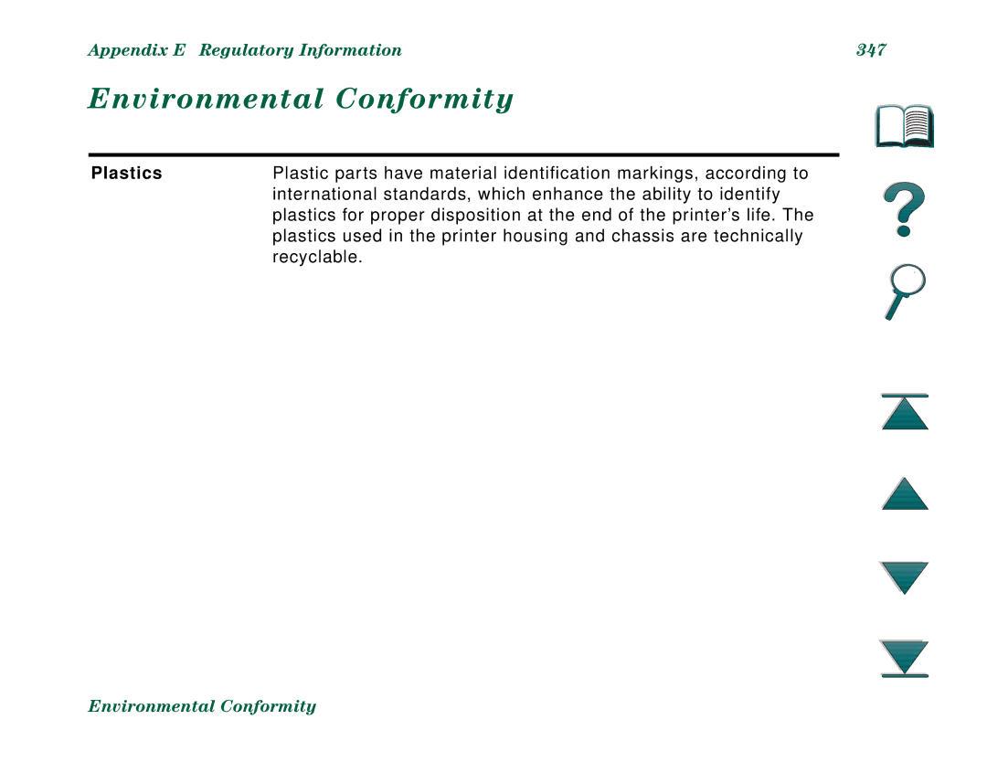 HP 8000N, 8000DN manual Environmental Conformity, Appendix E Regulatory Information 347, Plastics 