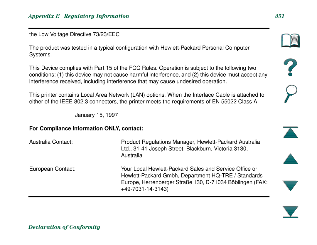 HP 8000N, 8000DN manual Appendix E Regulatory Information 351, For Compliance Information ONLY, contact 