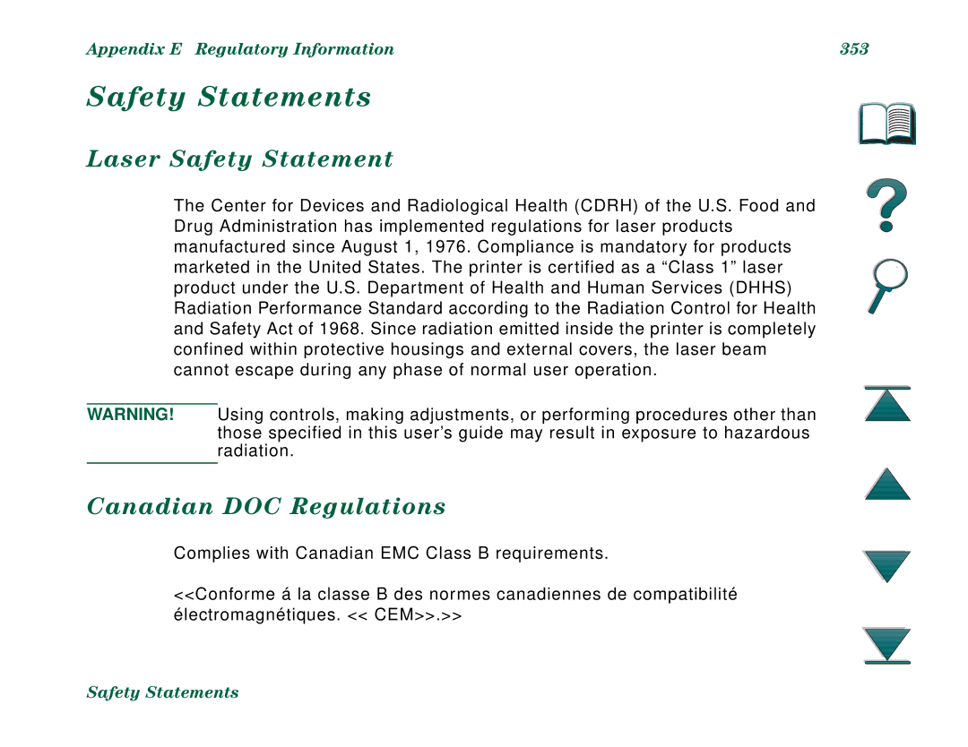 HP 8000N manual Safety Statements, Laser Safety Statement, Canadian DOC Regulations, Appendix E Regulatory Information 353 