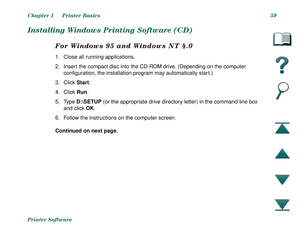 HP 8000N, 8000DN manual Installing Windows Printing Software CD, For Windows 95 and Windows NT 