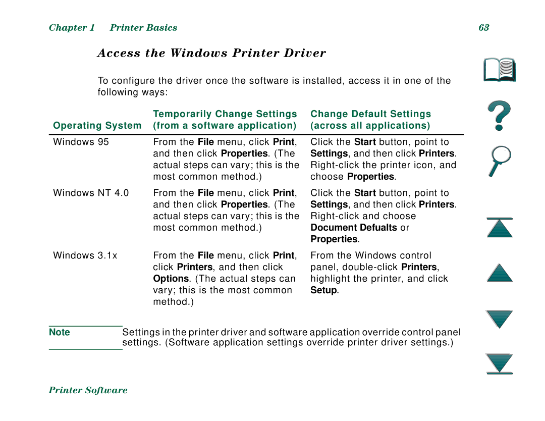 HP 8000N, 8000DN manual Access the Windows Printer Driver, Choose Properties, Document Defualts or 