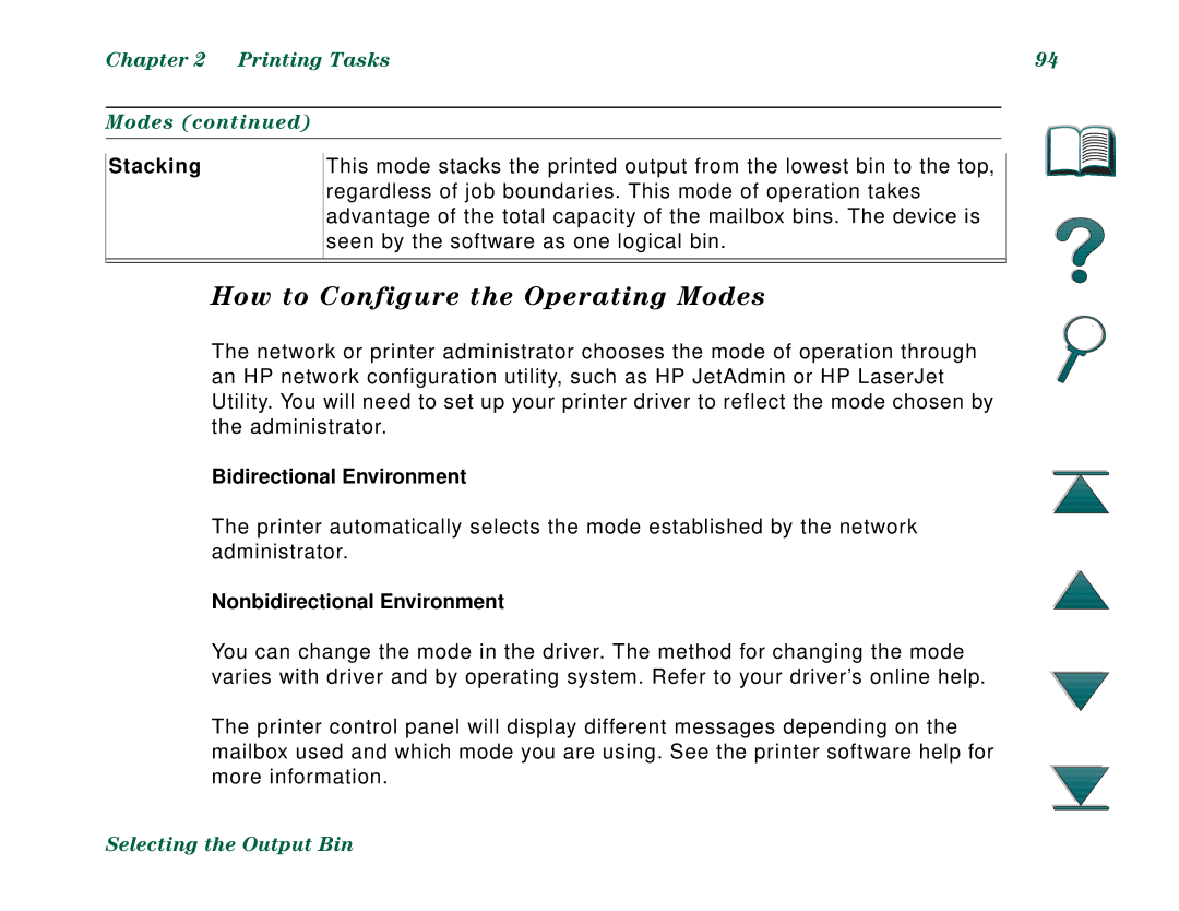 HP 8000DN, 8000N manual How to Configure the Operating Modes, Printing Tasks Modes, Stacking, Bidirectional Environment 