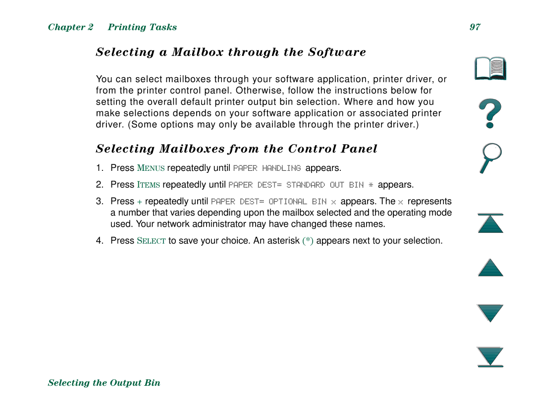 HP 8000N, 8000DN manual Selecting a Mailbox through the Software, Selecting Mailboxes from the Control Panel 