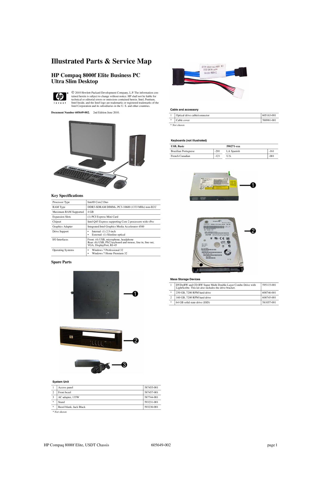 HP 8000f manual Key Specifications, Spare Parts 